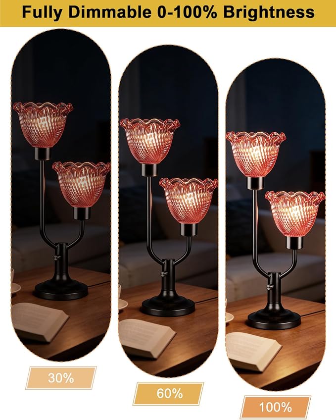 Lightdot Mid Century Modern Red Table Lamp Dimmable Flower Glass Desk Lamp Vintage Black Nightstand Lamp 2 Bulbs Included Warmwhite Ambient Bedside Lamps for Living Room Bedroom Home Office Decor Gift