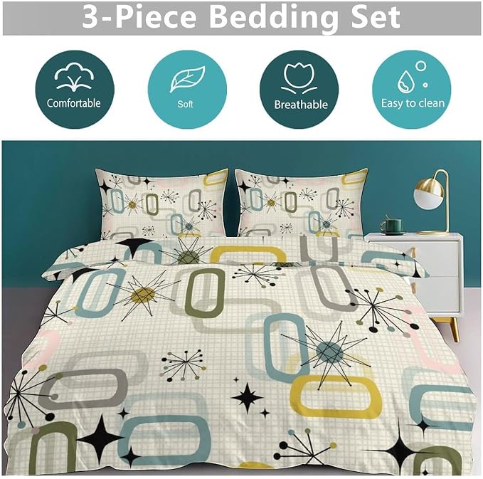 Modern Geometric Bedding Set,Retro Mid Century Colorful Diamond Abstract Geometric Vintage 60s 70s Pattern Comforter Set with Pillowcase for Bedroom Bed Decor,King 102"x90"