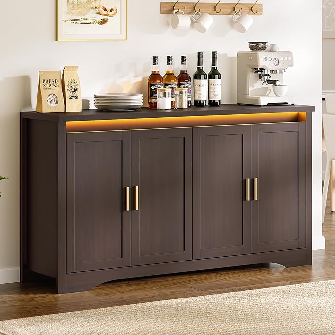 60'' Sideboard Buffet Cabinet with Storage, Modern Coffee Bar Cabinet with Power Outlets, LED Light, 4 Doors & Adjustable Shelves, Buffet Table for Kitchen, Dining Room, Living Room, Walnut