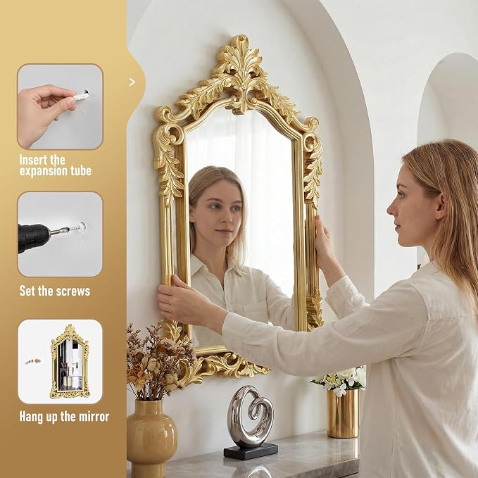 Large Gold Mirror for Wall Decor 30"x47" Vanity Antique Baroque Ornate Wall Mirrors Victorian Arched Mirror for Bathroom, Living Room, Entryway, Fireplace, Bedroom