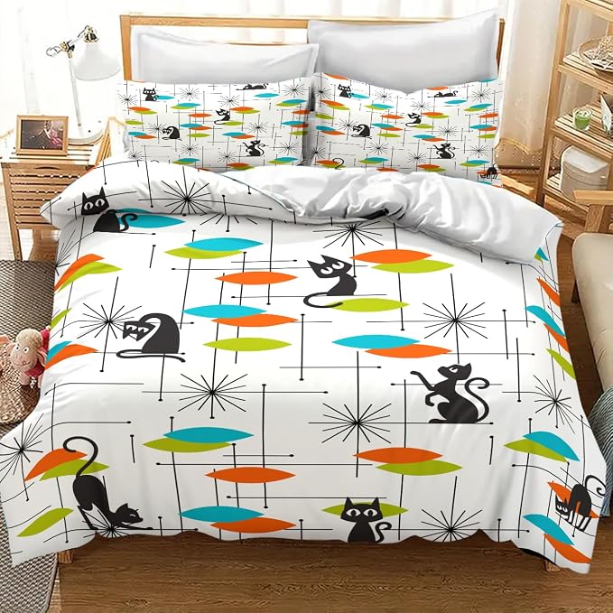 Mid Century Bedding Set,Retro Black Cat 1950s 1960s Abstract Atomic Colorful Geometric Pattern Modern Comforter Set with Pillowcase for Bedroom Bed Decor,King 102"x90"