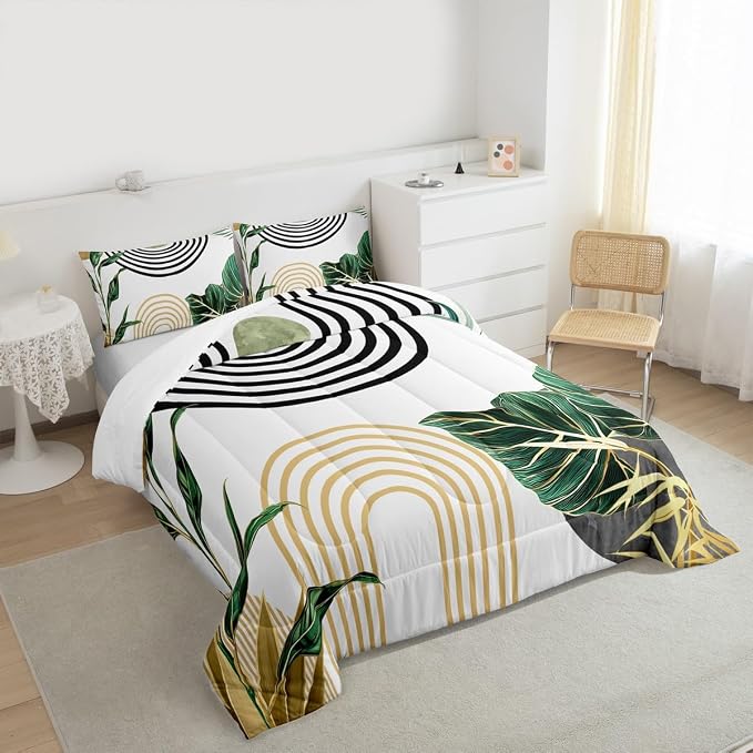 Erosebridal Boho Mid Century Bedding Set King Vintage Minimalist Art Comforter Set for Women Men Adults Abstract Tropical Aesthetic Down Comforter Retro Botanical Leaves Sun Bed Set Bedroom Decor