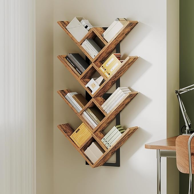 HOOBRO Floating Shelves for Wall, Set of 2 Wall Mounted Shelves, 2-Tier Wooden Tree Bookshelf, Hanging Shelves Storage Rack, for Living Room, Kitchen, Office, Rustic Brown and Black BF54BJP201