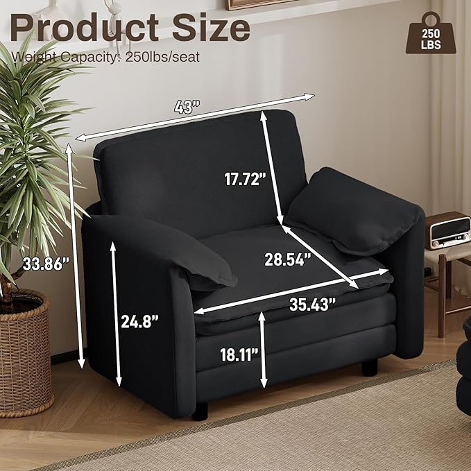 Oversized Chaise Lounge Chair Indoor with Ottoman, Firm Solid Wood Frame with Long Service Life Chenille Oversized Lounge Reading Chair for Study Room - Black