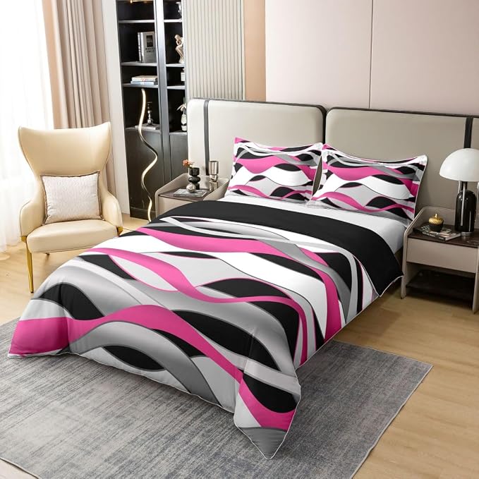 Erosebridal Pink Grey Black 100% Cotton Duvet Cover Full Geometric Spiral Bedding Set for Kids Teens Adults Modern Stripe Lines Comforter Cover Abstract Retro Stripes Bed Set 3 Pcs