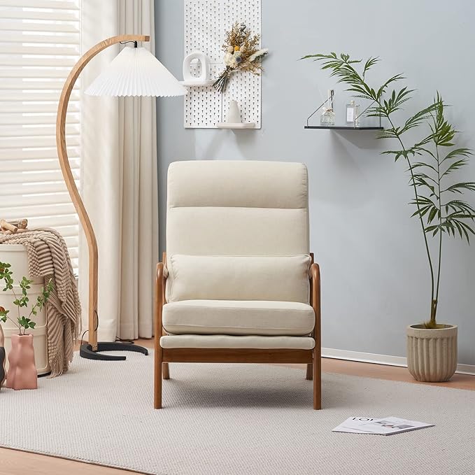 Bonnlo High Back Beige Accent Chairs Set of 2, Upholstered Mid Century Modern Lounge Fabric Chairs Reading Chairs Side Sitting Chair Solid Wood Farmhouse Armchairs for Living Room, Bedroom, Guest Room