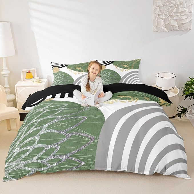Erosebridal Boho Mid Century Queen Comforter Cover for Women Men Adults | Minimalist Modern Duvet Cover Green and White Geometric Bed Set Aesthetic Modern Abstract Bedding Set