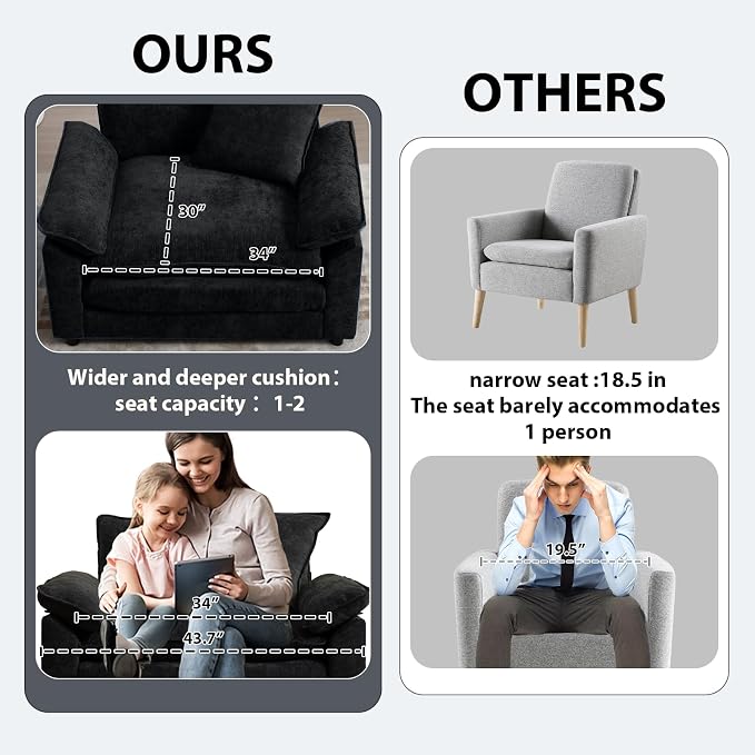 Modern Oversized Chair, Comfy Chenille Accent Chair Large Upholstered Armchair with Extra Thick and Deep Seat Lounge Chair for Living Room,Bedroom,Apartment (Black)