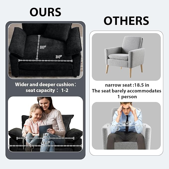 Modern Oversized Chair Set of 2, Comfy Chenille Accent Chair Large Upholstered Armchair with Extra Thick and Deep Seat Lounge Chair for Living Room,Bedroom,Apartment (Black)