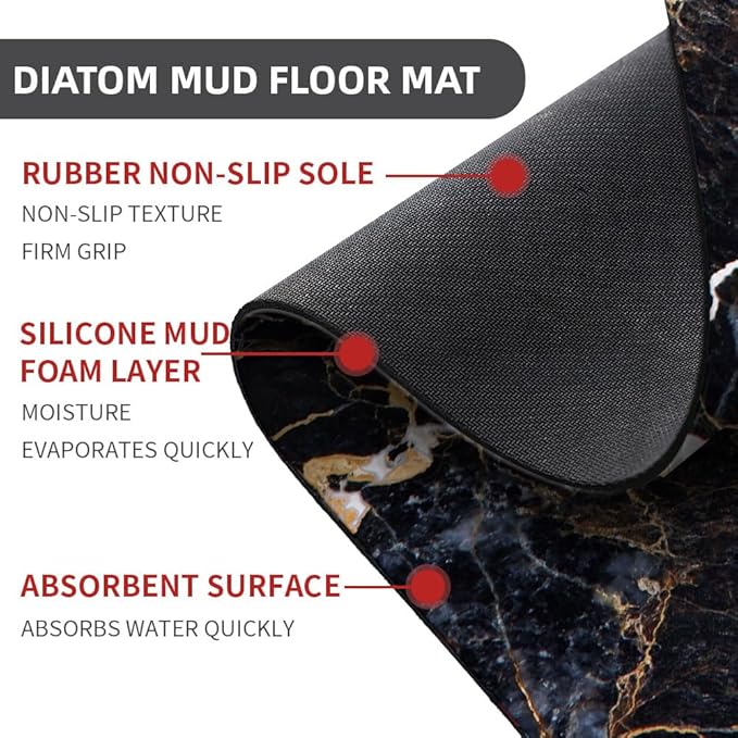 Bath Mat Rug,Black marble with yellow and white Non Slip Quick Dry Super Absorbent Thin Bathroom Rugs Fit Under Door-Easy to clean Bathroom Floor Mats-Shower Rug for Shower Sink Bathtub(20" x 31"In)