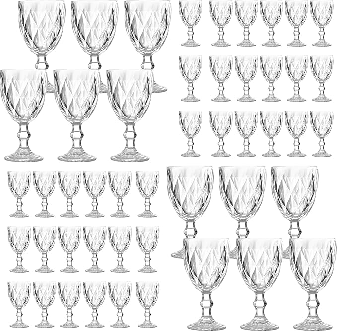 48 Pack Vintage Wine Glasses, Plastic Reusable 12 Ounce Colored Water Goblets, Unique Embossed Pattern Unbreakable Stemmed Wine Glasses High Clear Wedding Party Bar Drinking Cups Clear