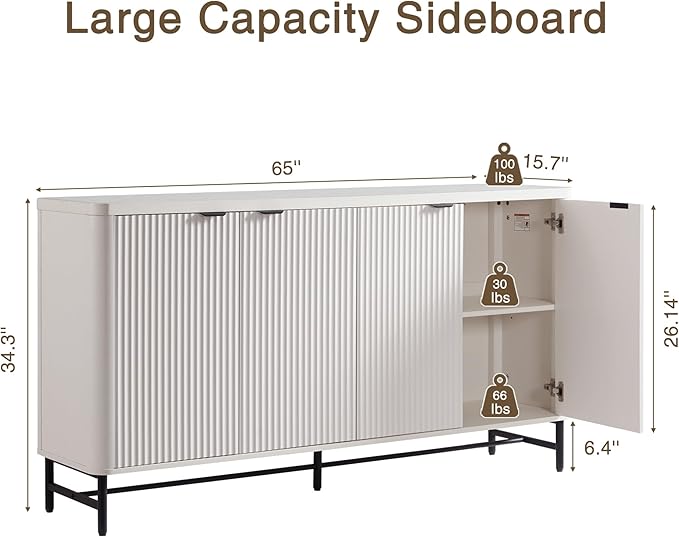 Large Sideboard Buffet Cabinet with Storage, 65" Modern Fluted Credenza Accent Coffee Bar Console Table with Doors & Adjustable Shelves for Dining Room, Living Room, Hallway(White)