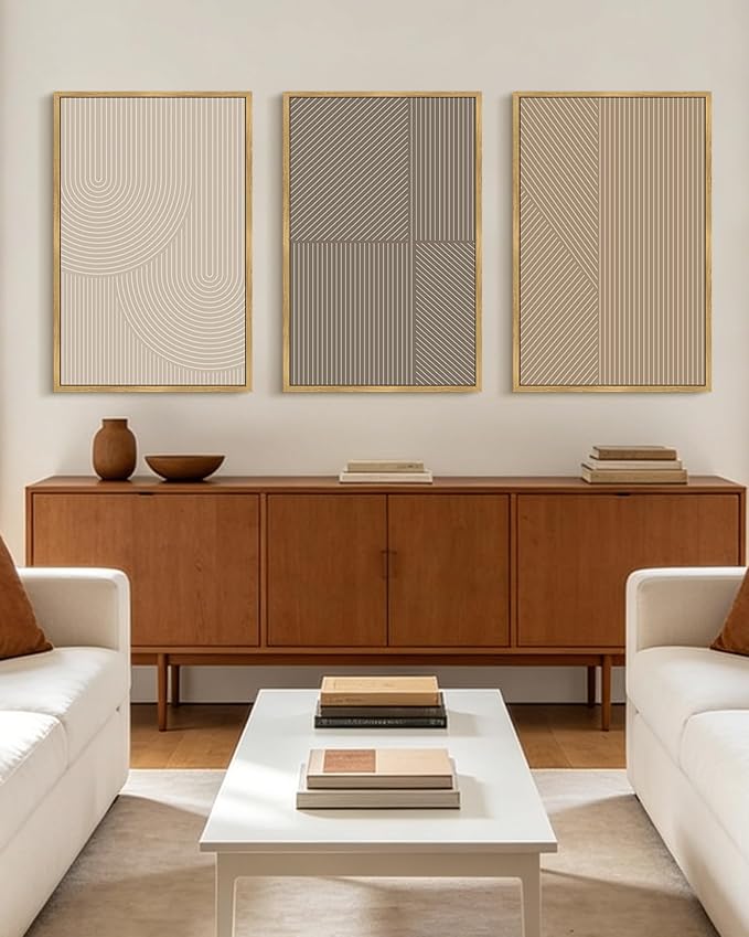 KUVIOKE Minimalist Abstract Bohemian Framed Wall Art Modern Boho Neutral Line Wall Decor Geometric Artwork Bedroom Dining Room 24x36in (Natural Framed)