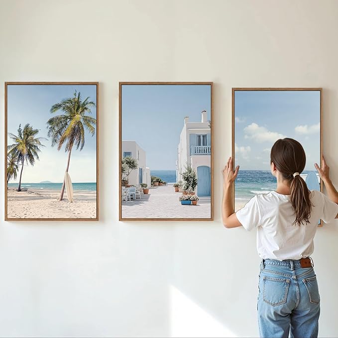 Rantodecor Beach Themed Framed Canvas Wall Art, Palm Tree Surfboard Van Wall Decor, Nordic Blue and White House Art Painting, Modern Relaxing Seascape Artwork for Bedroom Living Room Office 16"x24"x3