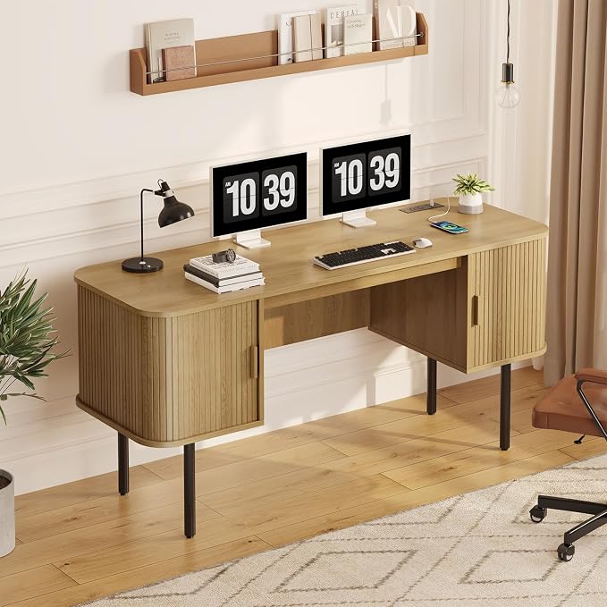 ONBRILL 63 Inch Fluted Computer Desk with Charging Station, Mid Century Executive Desk with 2 Storage Cabinets, Modern Home Office Large Desk with Metal Legs for Working, Studying, Writing, Oak