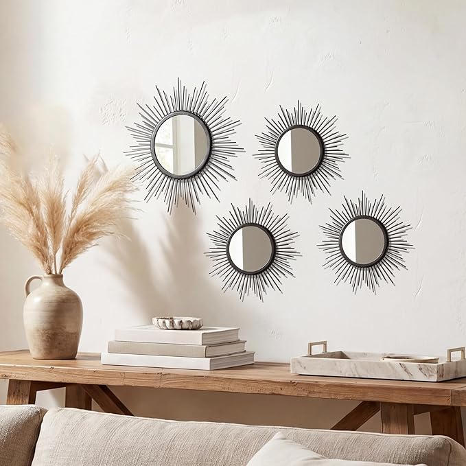 4 Set Metal Sunburst Mirrors for Wall Decor Living Room Bedroom Bathroom Dining Room Boho Gold Decorative Hanging Circle Vintage Art - Gold/Black/Silver 11.8 in/7.8 in