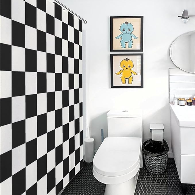 70s Black Checkered Shower Curtain for Bathroom, Retro Vintage Hippie Groovy Checkboard Abstract Modern Cute Bright Funky Waterproof Fabric Shower Curtain Set with Hooks, 72"x84"