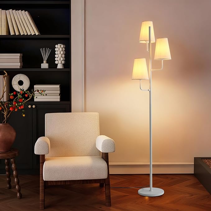 Traditional Floor Lamp for Living Room: 3 Light Linen Country Rustic Floor Lamp for Bedroom, White Standing Lamp with Foot Switch, Country Rustic Tall Lamp, No Bulb