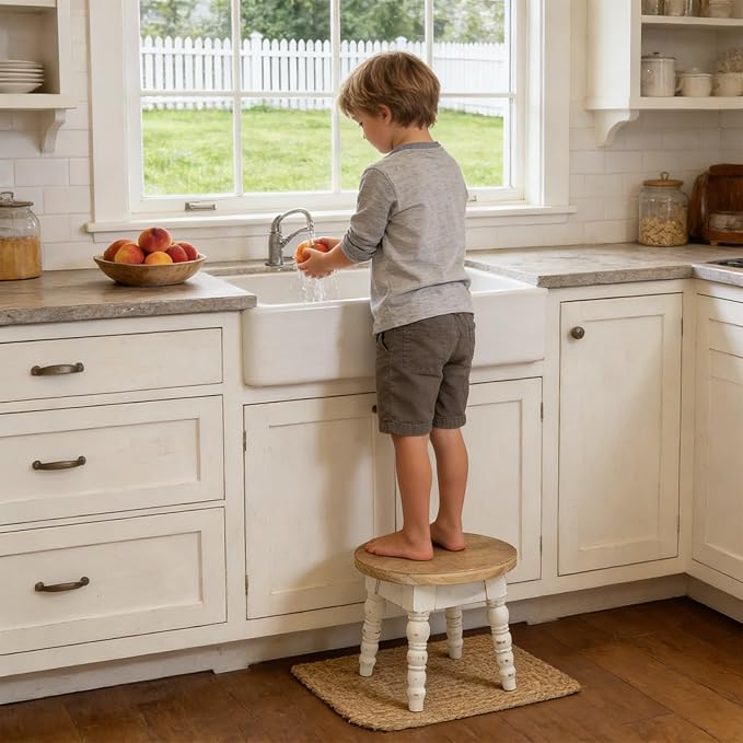 Wooden Step Stool for Kids Adults, Farmhouse Step Stool or Plant Stand Indoor, Portable and Sturdy Versatile Foot Stools for Bathroom, Bedroom, Office, Kitchen, Plant Stand (Round)