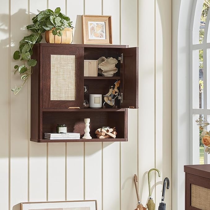 LEYAOYAO Rattan Bathroom Wall Cabinet, Boho Medicine Cabinet with Adjustable Shelf & Doors, Over The Toilet Storage Cabinets Organizer for Laundry Room, Kitchen, Living Room, Walnut
