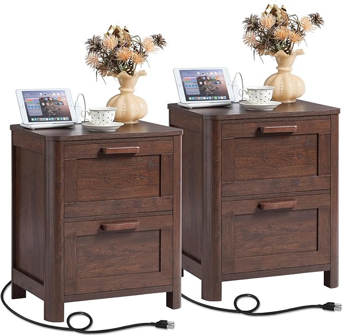 Farmhouse Nightstand Set of 2 with Charging Station, End Tables Bedroom with 2 Large Drawers & 4 Thickened Table Legs, Walnut
