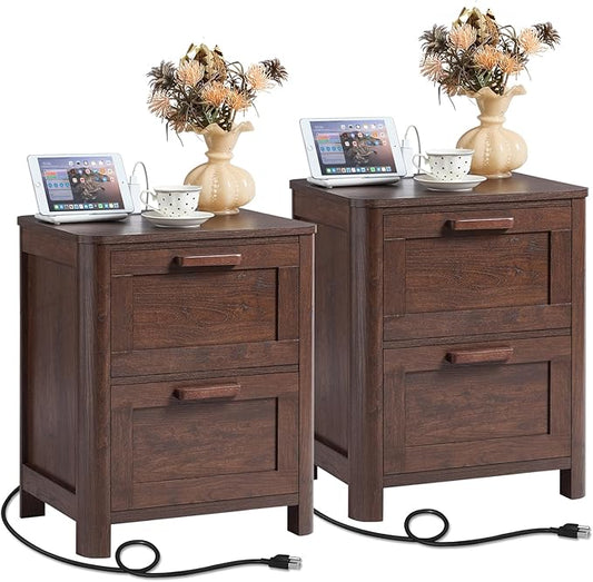 Farmhouse Nightstand Set of 2 with Charging Station, End Tables Bedroom with 2 Large Drawers & 4 Thickened Table Legs, Walnut