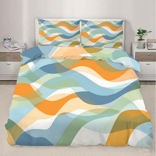Retro Gradient Stripes Duvet Cover California King, Modern Bedding Set 3 Piece Bedroom Decor Abstract Marine Waves Comforter Cover and 2 Pillow Sham with Zipper Closure