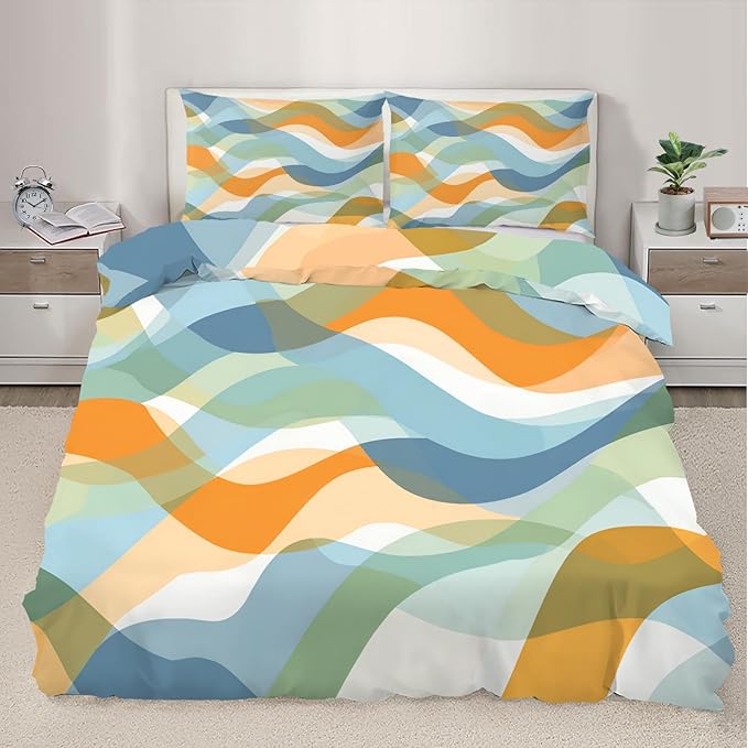 Retro Gradient Stripes Duvet Cover Twin Modern Bedding Set 2 Piece for Kids Decor Abstract Marine Waves Comforter Cover and 1 Pillow Sham with Zipper Closure