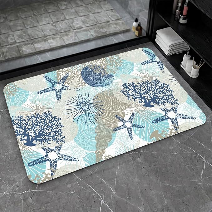Diatomaceous Earth Bath Mat,Cute Corals and Seashells Non-Slip Volume Super Absorbent Fast Drying for Bathroom Kitchen mat,Eco-Friendly Easy to Clean 17×27.5Inch (43 * 70cm)