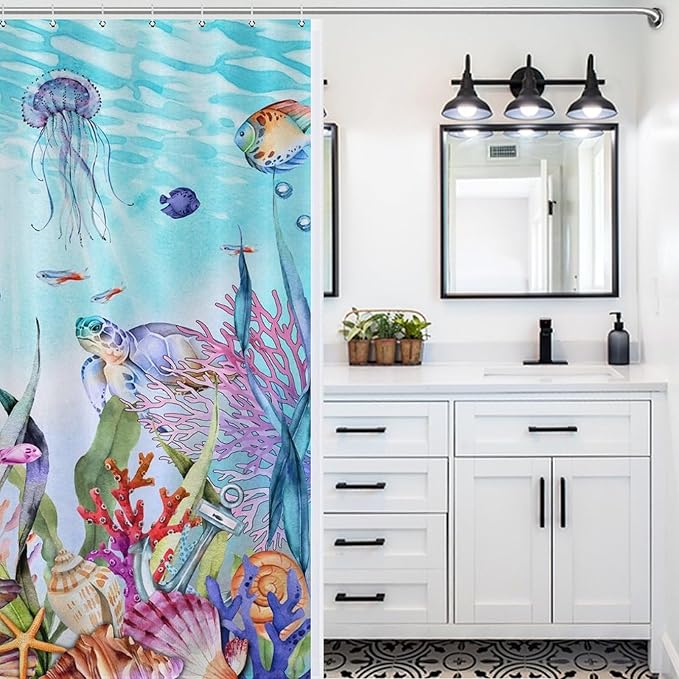 Nautical Coastal Shower Curtain,Ocean Themed Coral Seashell Beach Starfish Seahorse Summer Blue Underwater Animal Polyester Fabric Bathroom Decor Set with Hooks,72x72Inch