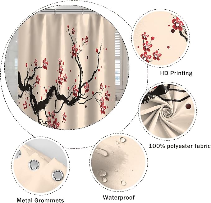 Cherry Blossom Shower Curtain Chinese Traditional Antique Ink Painting Art Plum Floral Shower Curtains Bathroom Accessories Waterproof Polyester Fabric with Hooks, 60 x 72 Inch