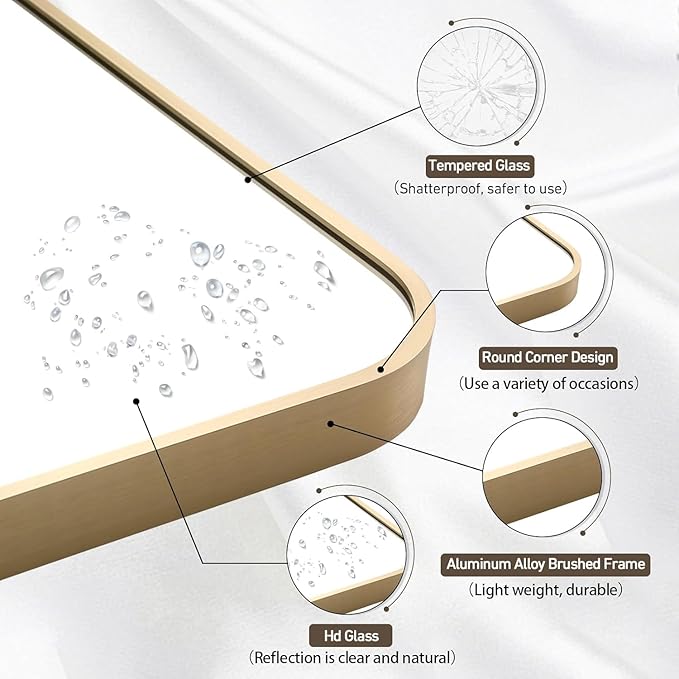 Gold Mirror, 24x32 Inch Gold Rectangle Mirror, Aluminum Alloy Framed Vanity Mirror, Rounded Rectangle Bathroom Mirror for Over Sink, Anti-Rust Wall Mirror (Horizontally or Vertically)