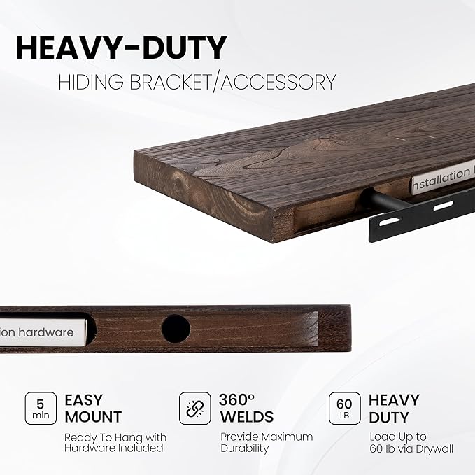 Fun Memories Floating Shelves for Wall Set of 2, Rustic Solid Elm Wood Live Edge Wall Shelves 36 Inch - Invisible Bracket Mount for Living Room, Bathroom, Bedroom, Kitchen, Walnut