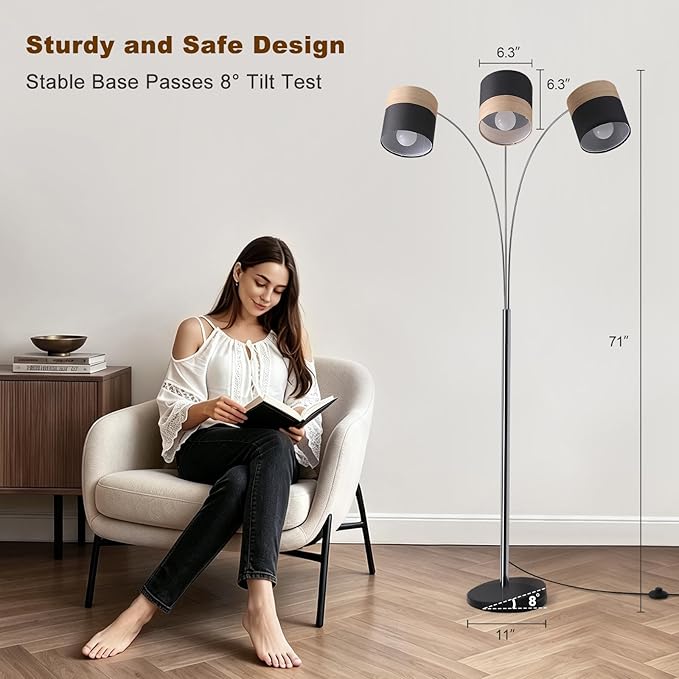 Floor Lamps for Living Room, Brushed Nickel Arc Floor Lamp, 3 Light Tall Floor Lights Living Room, 71" Mid Century Tree Floor Lamp for Bedroom, Office(Bulb not Included)