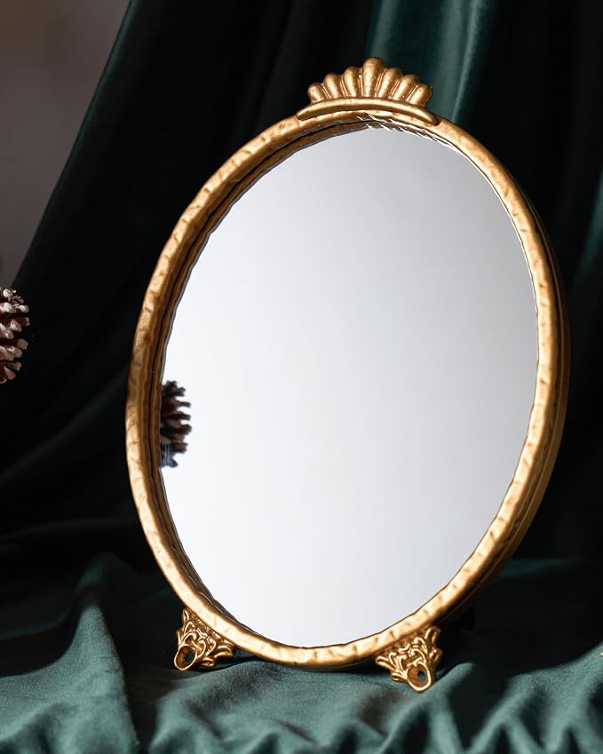 Gold Vintage Decor Vanity Mirror,Baroque Wall Art Retro Oval Mirror,Antique Wall Mirrors Decorative,Maximalist Decor Mirror for Desk Bedroom Bathroom Dresser Wall-Mounted,11.0" L x 7.9" W Gold