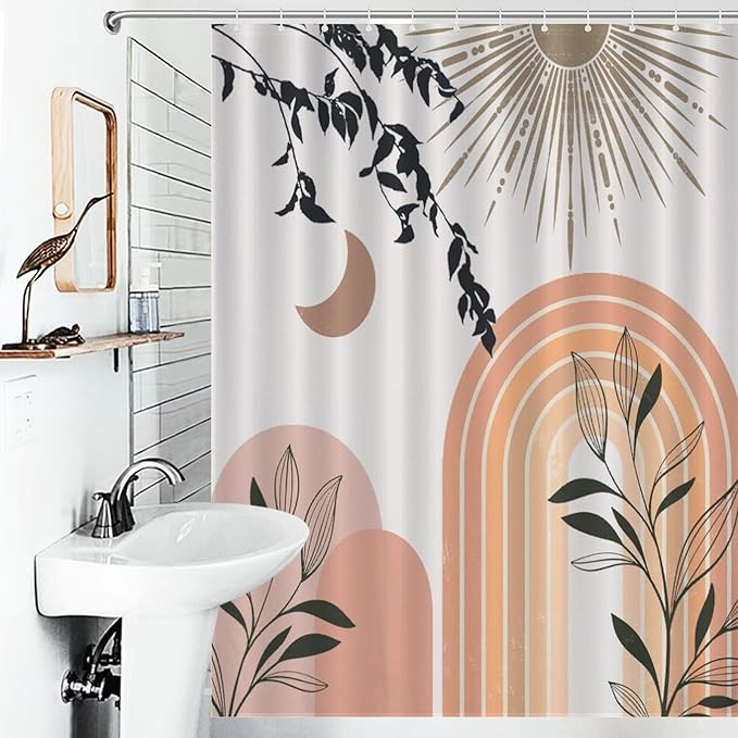 Mid Century Abstract Boho Shower Curtains Geometric Leaf Sun Modern Cafe Waterproof Shower Curtains for Bathroom Decor 12 Pack Hooks 55x72in（140x183cm）