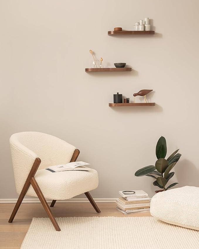 Kazai.® 18.5 inches Floating Shelves for Wall 'Toke' | Set of 3 Small Mounted Wooden Shelf Units | Modern Wall Decor & Storage for Living Room, Bathroom, Kitchen, Bedroom & More | Walnut