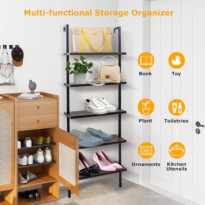 5 Tier Wall Mounted Ladder Shelf, Ladder Bookshelf with Metal Frame and Wood Shelf, Modern Learning Bookcase for Living Room, Bedroom, Office (23.6" W x 11.8" D x 70.8" H, Dark Walnut)