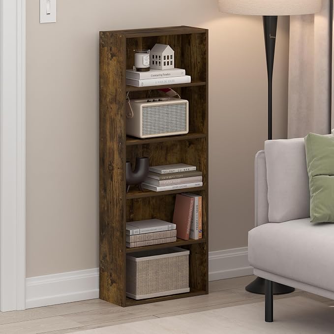 Furinno Basic Book Shelf, 5-Tier Bookshelf, Storage Organizer Bookcase with Open Shelf, 7 x 17 x 44, for Living Room, Bedroom, Home Office, Amber Pine