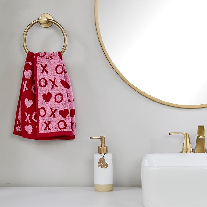 SKL Home Valentines Day Xs and Os Jacquard 100% Cotton Reversible 2pc Hand Towel Set, Decorative for Bath/Kitchen/Bar & Gift, Red