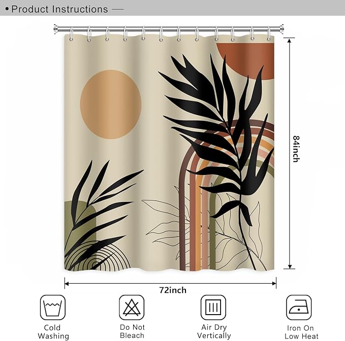 Abstract Mid Century Bohemian Bathroom Shower Curtain Eucalyptus Leaves Colorful Arch Sun Shower Curtain with Hooks Waterproof Fabric Polyester Shower Curtain Art Home Decor, 72x84 Inch