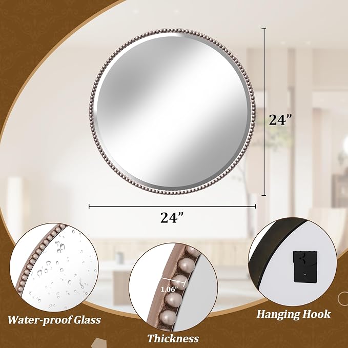 24 Inch Round Bathroom Mirror - Luxurious Retro Beaded Circle Decorative Wall Mirror with PU Frame Hanging Leaning as Art Decor for Entryway, Bedroom, Living Room, Hallway, Silver