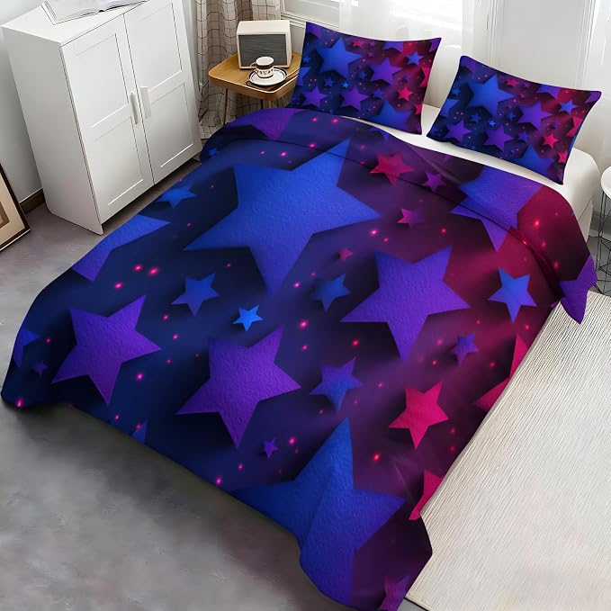 Blue Purple Stars Duvet Cover Queen Size, Colorful Dark Bedding Set 3 Piece, Neon Lights Stars Patterned Comforter Cover with Zipper Soft Microfiber, 2 Pillowcases