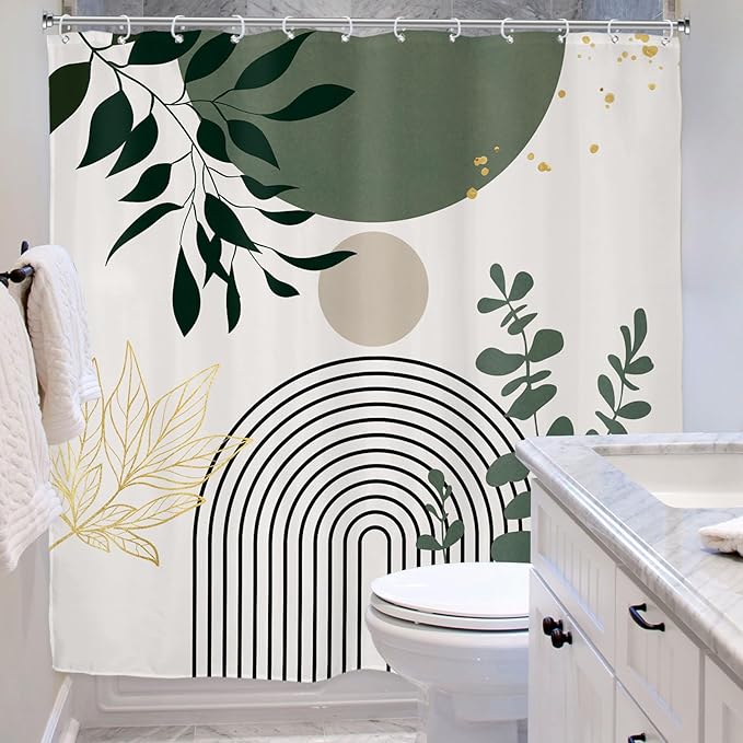 Riyidecor Sage Green Mid Century Modern Shower Curtain for Bathroom Decor 72Wx72H Boho Abstract Gold Leaves Minimalist Geometric Arch Sun Art Printed Fabric Polyester Waterproof 12 Pack Plastic Hooks