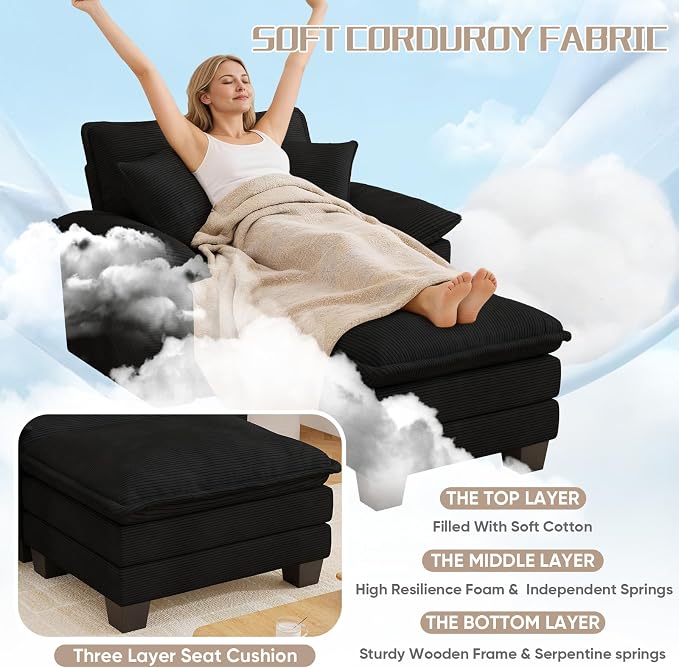 Chaise Lounge Chair Indoor, Oversized Accent Chairs with Ottoman, Luxury Corduroy Upholstered Deep Seat Sleeper Sofa Reading Chairs and A Half with Pillows for Living Room, Bedroom, Apartment, Black