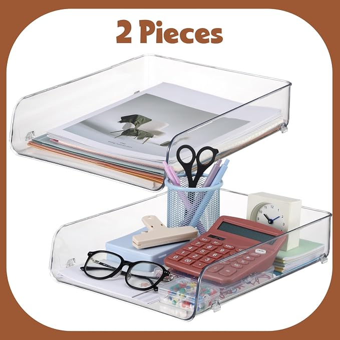 2 Pack Paper Organizer Letter Tray Plastic Stackable Desk File Organizer 12.99 x 10.43 x 2.95 Inch Clear Paper Holder File Tray for Desk Accessories Office Organization and Storage