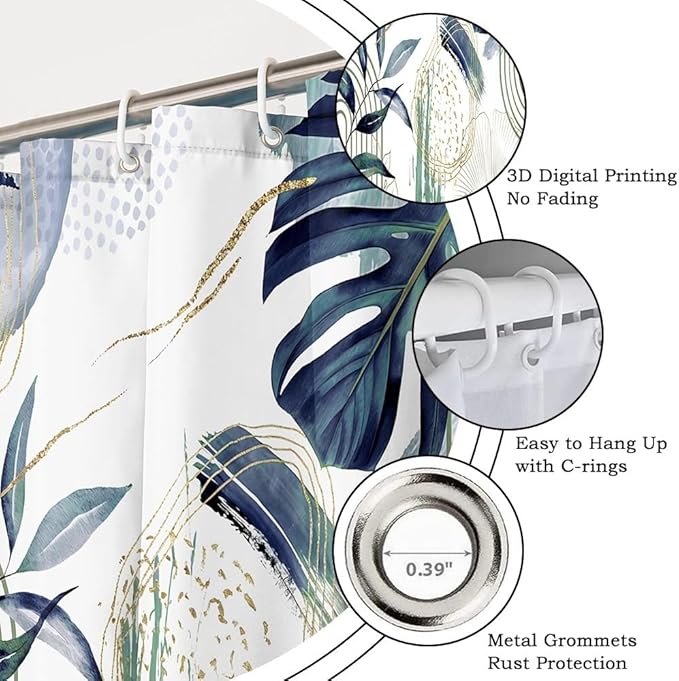 Mid Century Boho Shower Curtain Dark Green and Blue Palm Leaf Abstract Minimalist Aesthetic Bathroom Decor Watercolor Plant Bathtub Curtains Washable Waterproof Polyester Fabric with Hooks 36x72 Inch