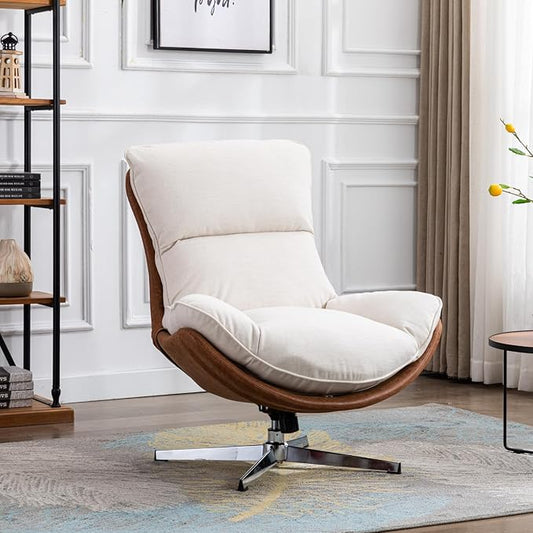 Modern Swivel Accent Chair, Comfy Upholstered Linen Fabric Lounge Chair Sofa Chair with High Backrest, Rocking Chair for Living Room Bedroom, 1pc, Beige
