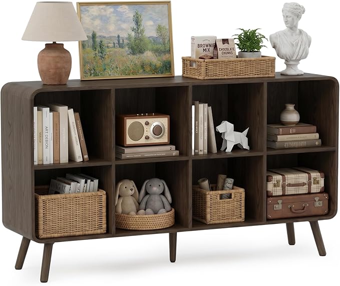 YOSHOOT 8 Cube Bookshelf - 46.5" Wood Cube Bookcase with Legs, Open Cubby Bookshelves with Curved Profile Design for Bedroom, Living Room,Home Office, Walnut