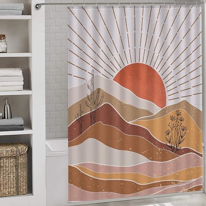 Boho Mountains Shower Curtain, Mid Century Modern Aesthetic Forest Sunset Nature Tropical Palm Leaves Abstract Art Waterproof Fabric Bath Shower Curtain Set with Hooks, 72"x78" Inch